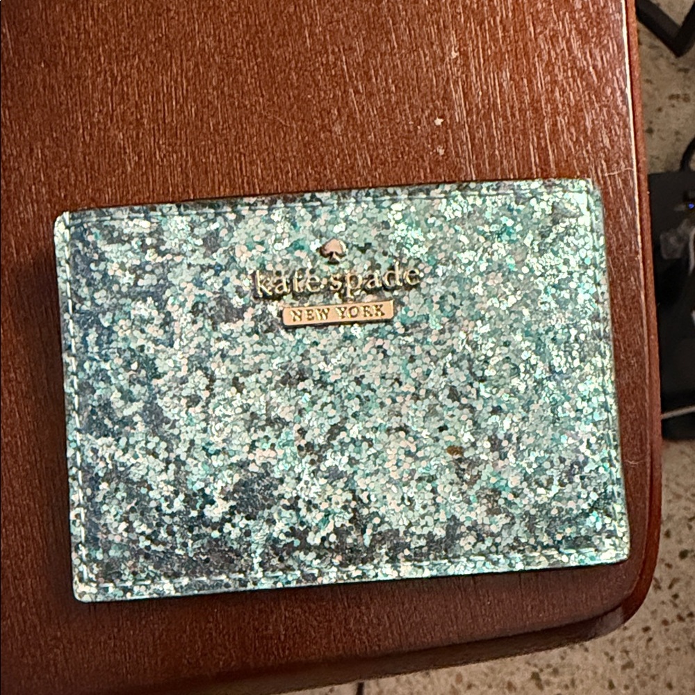 kate spade Teal and Silver Glitter Card Holder with Gold Logo